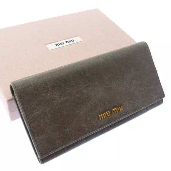 miumiu Wallet Purse Long Wallet Logo Grey Gold Woman Authentic Used
